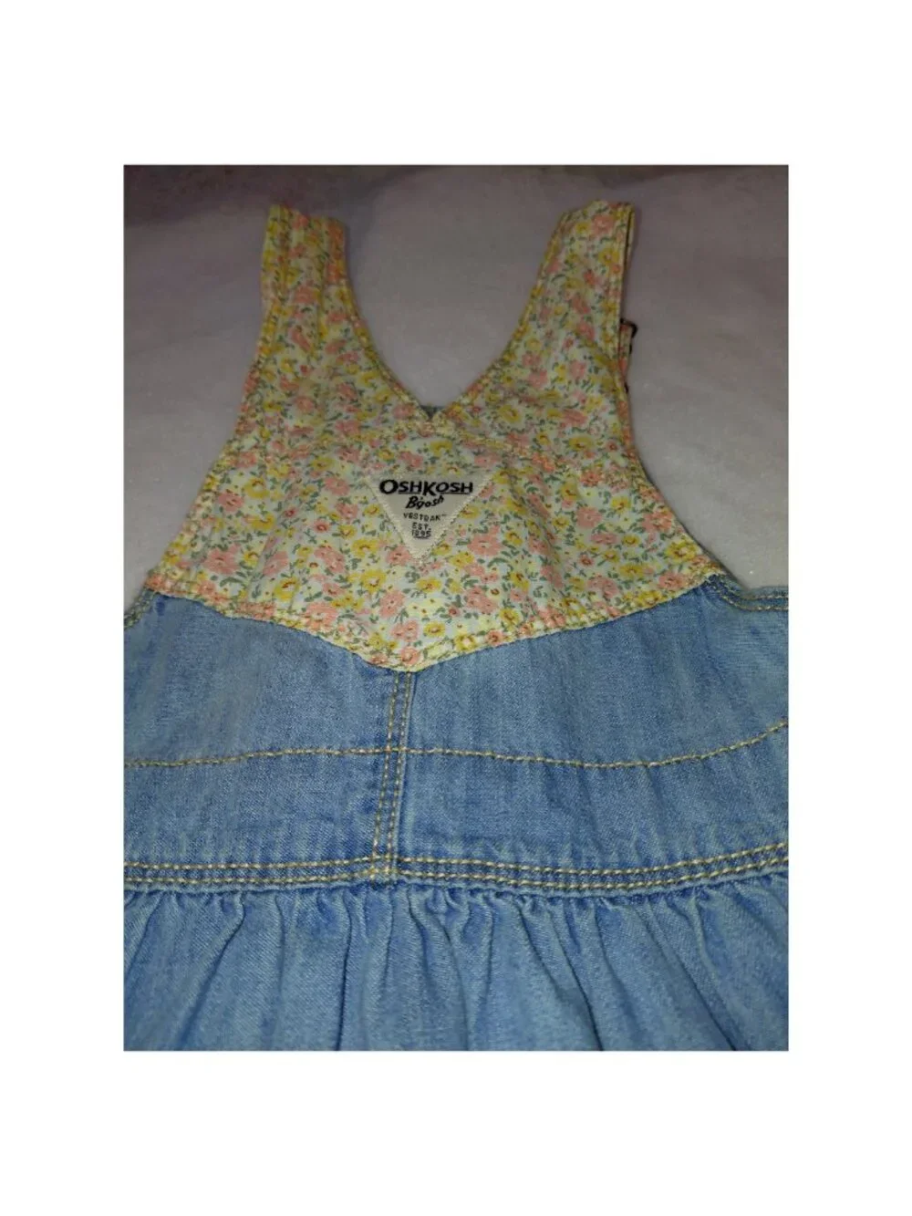 OshKosh B’gosh Girls 3T Denim Overall Jumper Dress Floral Pocket & Straps